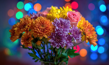A close-up captures a diverse arrangement of flowers, displaying orange, purple, and yellow petals. The composition features a variety of textures and shapes, illuminated by soft lighting. The blurred background presents a pattern of bright circles. This image is suitable for various commercial uses, including decorative designs and editorial content.の素材
