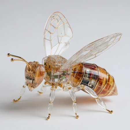 A close-up view presents a detailed mechanical bee. The design incorporates transparent elements, showcasing internal components. Its structure is highlighted against a plain background, emphasizing the intricate design. This image could be used for various purposes including educational materials and illustrating technological themes.の素材