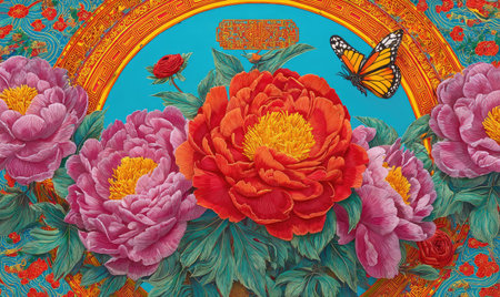 This image features a composition of colorful flowers, with a prominent red bloom at the center. The flowers are arranged around a central circle, with a butterfly gracefully positioned. The artwork has a rich color palette and could be suitable for various commercial purposes, including decorative designs.の素材
