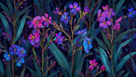 This image features a collection of colorful flowers set against a dark background. The composition highlights various shades of blue, purple, and pink, with green foliage. The style evokes a painterly effect. This image could be used for various commercial or editorial purposes.の素材