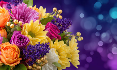 This image features a detailed floral arrangement with diverse flower types and colors including yellow, orange, pink, and purple. The composition is set against a blurred gradient background suggesting a soft focus. It may be suitable for a variety of editorial or commercial purposes such as greetings or decoration.の素材
