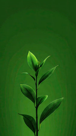 A close-up captures a slender green plant stem with multiple leaves. The leaves display a vibrant green hue with subtle textures against a monochromatic green backdrop. The composition suggests growth, and natural forms. Ideal for visual materials concerning nature, ecology, or similar themes.の素材