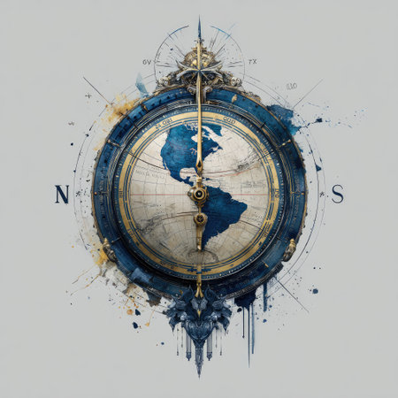 This image presents a detailed compass with a world map at its center, rendered in a watercolor style. The composition includes north and south indicators, set against a neutral backdrop. The artistic technique and color palette suggest potential uses in travel, exploration, or educational contexts. It could be useful for both commercial and editorial applications.の素材