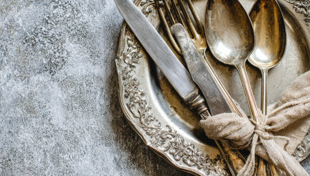 An overhead view features antique silverware arranged on a decorative plate. The composition displays a knife, fork, and spoons tied together with a cloth napkin. The texture is rough and the color palette is neutral. It's suitable for restaurant menus or articles about dining.の素材