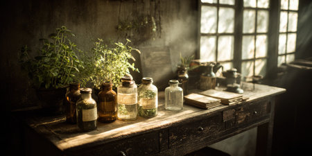 An interior composition showcases an old wooden table with various bottles, jars, and plant life. Sunlight streams through a window, illuminating the scene and adding a vintage aesthetic. The image conveys a sense of history and detail, suitable for editorial and commercial use, creating an atmosphere of mystery.の素材