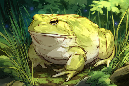 A large, vividly illustrated frog is the central subject, resting amidst dense green vegetation. The image showcases a digital art style with soft textures and a gentle lighting scheme. The composition suggests an outdoor environment, possibly a forest or garden. This artwork may be suitable for various creative or illustrative projects.の素材