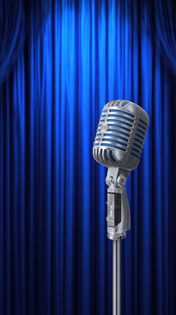A classic microphone stands prominently against a rich blue curtain backdrop, enhanced by a spotlight. The image showcases a studio setting with vertical composition. The colors are dominated by the blue curtain and the metallic sheen of the microphone, suggesting a performance or presentation. Suitable for various editorial or commercial projects.の素材