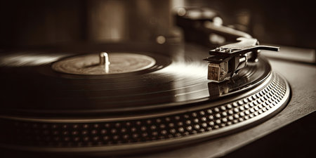 A close-up view presents a vintage turntable, featuring a vinyl record and the tonearm. The image displays a sepia-toned color palette, highlighting textures and details. The composition suggests an indoor setting with diffused lighting, suitable for various media, music, or nostalgia-themed applications.の素材