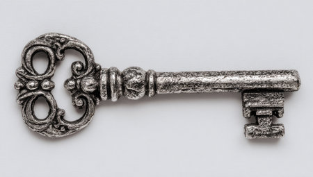 An antique metal key, featuring an elaborate decorative design, rests against a plain white background. The key exhibits a tarnished metallic surface, suggesting age and use. The overhead lighting illuminates the textured details of the key. Suitable for commercial projects or editorial use.の素材