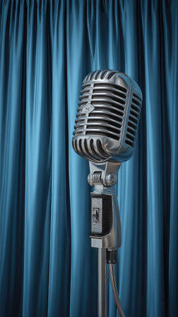 An antique microphone, displayed vertically on a metallic stand, is positioned before a draped blue backdrop. The image showcases a classic, detailed design with a smooth, reflective surface, enhanced by directional lighting. This shot might suit commercial applications related to music, audio, or entertainment themes.の素材