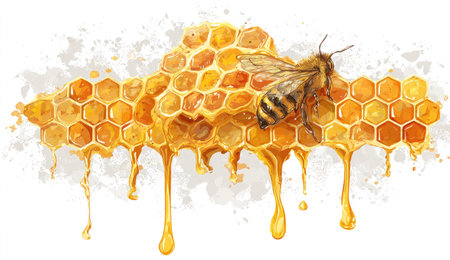 An illustrated bee rests on a dripping honeycomb, showcasing a watercolor style. The image features warm yellow and orange hues against a white background. Drops of honey create a dynamic composition, potentially useful for various commercial applications, including editorial designs and advertising materials.の素材