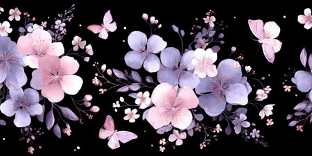 An elegant watercolor illustration displays flowers and butterflies against a dark background. Soft pink and purple blooms are artfully arranged with delicate foliage. The composition suggests an artistic design suitable for various decorative and commercial applications, such as patterns or invitations.の素材