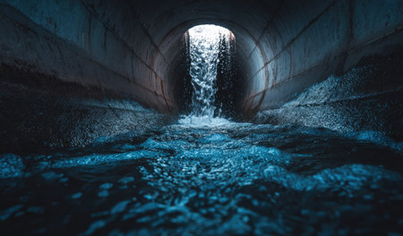 Water cascades powerfully through a dark concrete tunnel, illuminated by a bright opening. The composition highlights the contrast between the dark interior and the bright exterior. The image features a cool color palette with shades of blue and gray. This dramatic scene is suitable for editorial or commercial purposes.の素材