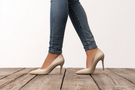 This image displays a woman's legs wearing beige high-heeled shoes and denim jeans. The focus is on the shoes and legs walking on a wooden floor, with a plain white background. The composition highlights fashion and style, suitable for various editorial and commercial applications.の素材