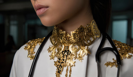 A close-up view depicts a woman's torso wearing a decorative golden collar and a stethoscope. The image features a white garment adorned with golden embellishments. The lighting is soft, highlighting the textures and intricate details. Suitable for commercial uses related to health, fashion, and luxury concepts.の素材