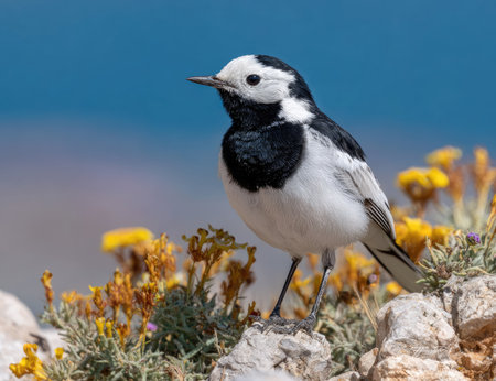 A small bird with white and black plumage is the main subject, perched on a rocky surface among yellow flowers. The image showcases a natural outdoor environment with a shallow depth of field, focused on the bird. Possible applications include use in editorial articles or commercial projects related to nature.の素材