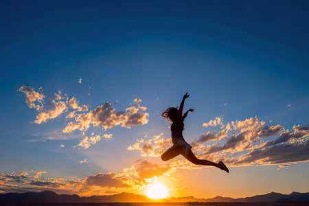 A silhouetted woman leaps joyfully against a vibrant sunset sky filled with clouds. The image features warm orange and blue tones, creating a dynamic composition. The scene suggests an outdoor environment, possibly a desert landscape, ideal for commercial uses promoting concepts of freedom and achievement.の素材