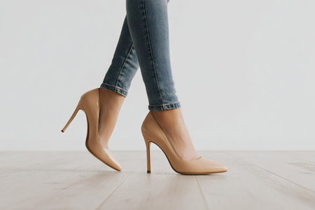 This image presents a woman's legs, showcasing elegant beige high-heeled shoes paired with blue denim jeans. The composition focuses on the legs and footwear, set against a simple white backdrop and light wooden floor. The clean, bright aesthetic suggests potential use in fashion, lifestyle, or commercial projects.の素材