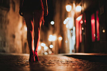 A woman's legs and lower torso are the primary focus of this image, showing her walking on a cobblestone street. The lighting is low and warm, creating a dramatic atmosphere. The scene evokes a sense of mystery. Potential uses include editorial illustrations or promotional material.の素材