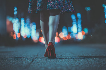 A woman is walking away, highlighted by the low-angle shot, showcasing the back of her legs and heels. The image features a dark environment with blurred city lights. The overall style suggests an urban setting, suitable for various commercial uses, including artistic, editorial, and conceptual projects. The focus is on the silhouette and color contrast.の素材