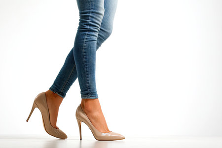 This image showcases a woman's legs clad in blue denim jeans and beige high-heeled shoes, set against a clean white backdrop. The composition highlights the footwear and lower legs, emphasizing the textures and shapes. The lighting appears soft and diffused, suitable for use in fashion, lifestyle, or advertising materials.の素材