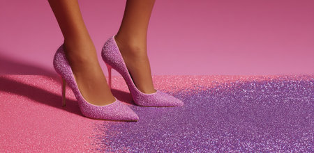 The image features a woman's feet adorned with elegant high-heeled shoes, set against a vibrant background of pink and purple glitter. The shoes shimmer, adding texture and sparkle. The composition may be suitable for fashion, beauty, or lifestyle related commercial or editorial applications, offering a visually appealing aesthetic.の素材