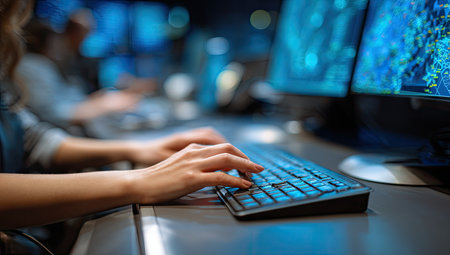 A person is typing on a keyboard, with two computer screens displaying data in the background. The scene has a cool color palette with the focus on the hands and keyboard. The image could be used for various purposes such as articles about technology, data, or computing.の素材
