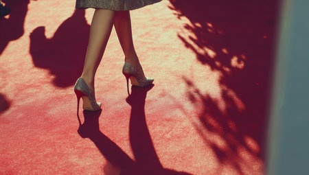 This image showcases a woman walking with high heels on a red surface. The photograph features legs, shoes, and a prominent shadow. The color palette primarily includes red and neutral tones. This image could be used for various fashion, style, or event-related editorial and commercial projects.の素材