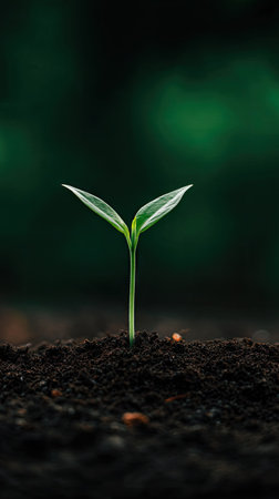 A close-up view depicts a small plant emerging from dark soil. The vibrant green leaves contrast with the brown earth. The background features blurred shades of green. This image could be suitable for various uses, including educational materials and environmental themes, such as conservation and growth.の素材
