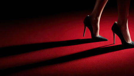 Legs of a person wearing black high-heeled shoes are captured in motion, walking on a vibrant red surface. The image highlights the shoes and legs with a dramatic shadow play. This image could be used for various commercial projects related to fashion, style, or event photography.の素材