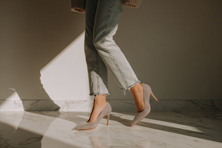 This image presents a woman's legs and feet wearing high-heeled shoes, captured from a low angle. The composition highlights the shoes and legs against a minimalist interior backdrop, emphasizing the texture of the floor and the interplay of light and shadow. The scene suggests possible use in fashion, lifestyle, or commercial contexts.の素材
