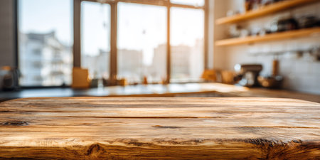 A close up view showcases a rustic wooden table in a bright kitchen setting. The background features blurred shelves, large windows, and a cityscape view. The warm sunlight creates a cozy atmosphere. Suitable for a variety of visual content related to home decor and lifestyle applications.の素材
