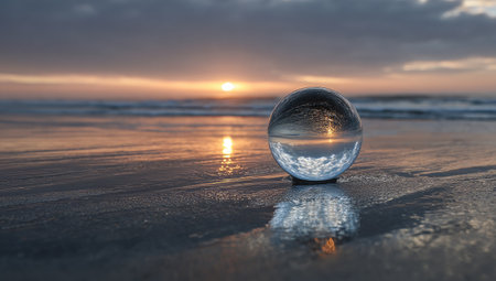 Lens ball reflects sunset on wet sand, ocean waves, and cloudy skyの素材