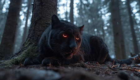 A black panther with glowing eyes rests near a tree in a dark, moody forest sceneの素材