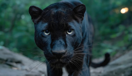 A close-up of a sleek black panther staring intently at the viewer in a lush green settingの素材