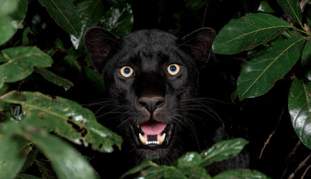 A black panther, with open mouth and yellow eyes, peers out from dense green foliageの素材