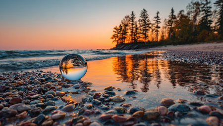 Crystal ball on a pebbled beach reflecting trees and sunset over rippling waterの素材