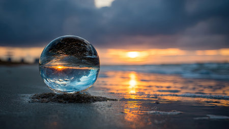 Beach sunset scene viewed through a crystal ball, reflecting the sky &amp; horizonの素材