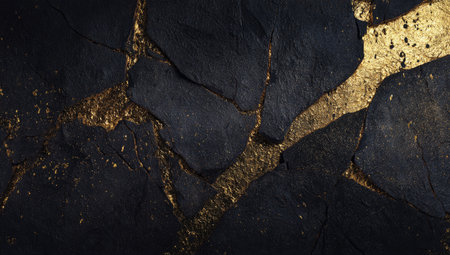 Close-up of textured black stone with golden veins, resembling kintsugi artの素材