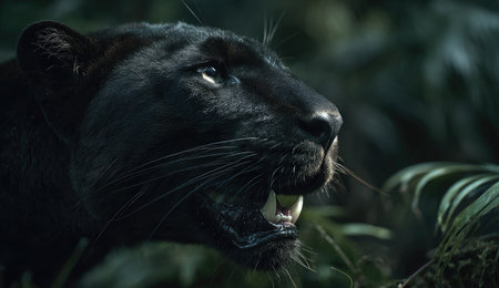 Close-up of a black panther&#39;s head amidst dense green foliage, showcasing sharp teethの素材