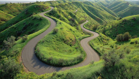 Serpentine road carves through vibrant green hills, bathed in sunlight, offering scenic viewsの素材
