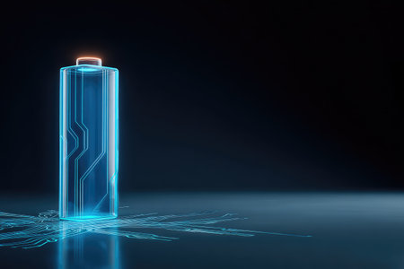 A glowing, transparent battery with circuits inside, resting on a reflective surface, dark backgroundの素材