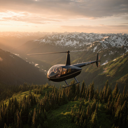 A helicopter soars above a forested valley towards snow-capped mountains in the golden hourの素材