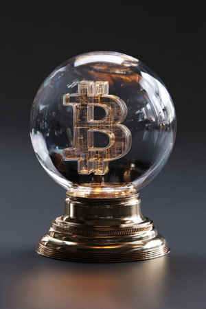 A crystal ball features a glowing symbol of a cryptocurrency, reflecting a blurred cityscapeの素材