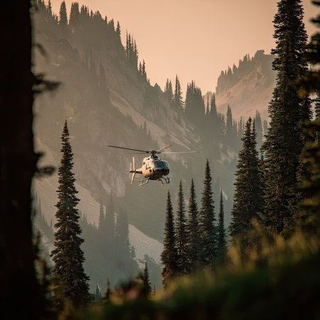 A helicopter flies between towering evergreen trees &amp; rugged mountain peaks in golden lightの素材