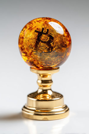 A golden stand holding a transparent orb with a central symbol, set against a white backdropの素材