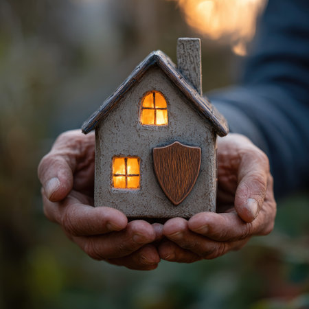 Close-up view of hands holding a miniature glowing house with a shield, suggesting securityの素材