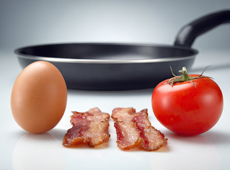 A breakfast scene with an egg, bacon, tomato, and a frying pan against a white backgroundの素材