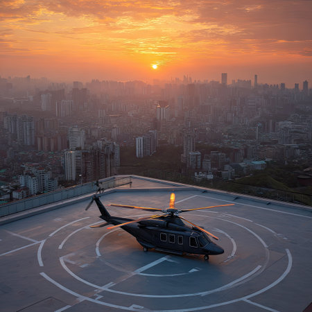 Helicopter atop a city rooftop at sunset. Warm light illuminates the cityscapeの素材