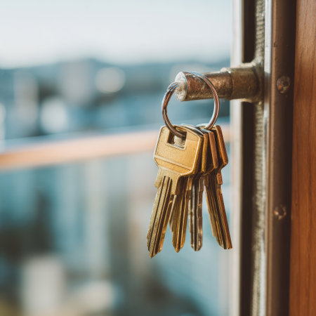 Close-up shows a set of brass keys hanging from a door handle, blurred outdoor backgroundの素材